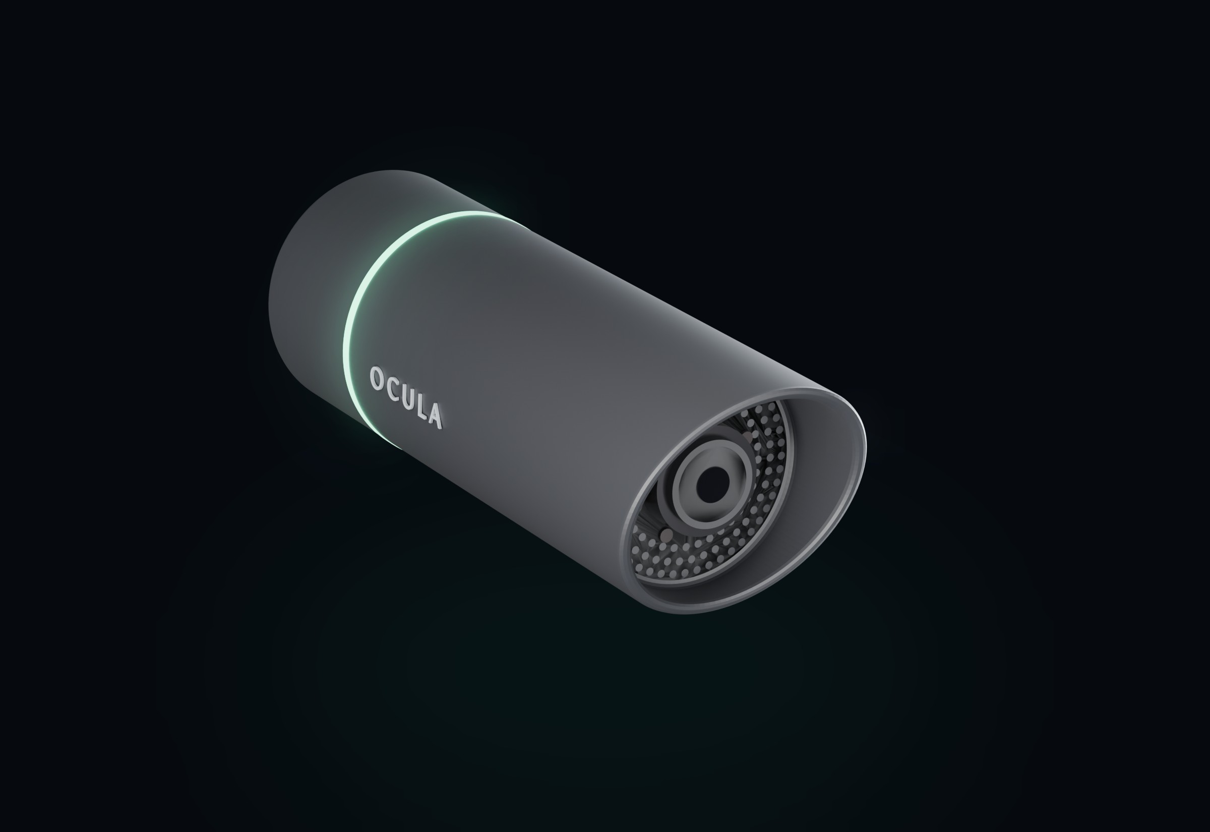 3D concept render of the Ocula unibody bullet camera floating on black: the matte graphite barrel's top edge sweeps forward into an integrated brow over the recessed face, speaker perforations ring the lens, and a flush green status ring glows near the rear