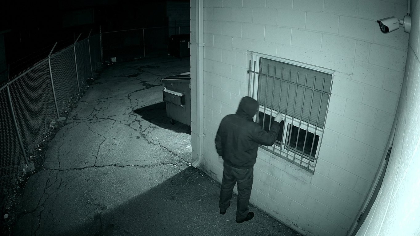 Overnight infrared frame, figure at a barred storefront window